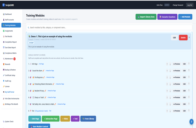 ScriptLMS training module opened, showing its info pages, interactive pages, videos, and tests in order
